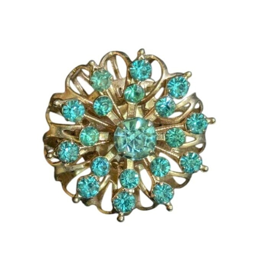 Vintage Sunburst Brooch‎ Gold Tone Aqua Blue Rhinestone Tiered Round Pin 1.25"